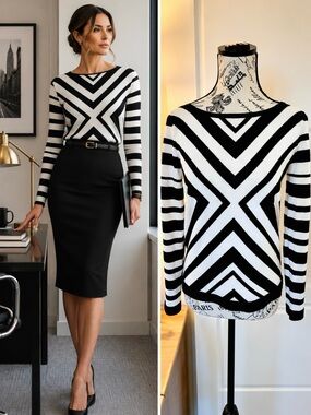 💥Milly Intarsia Merino Wool Black Cream Chevron Stripe Sweater Petite P 4/6💛